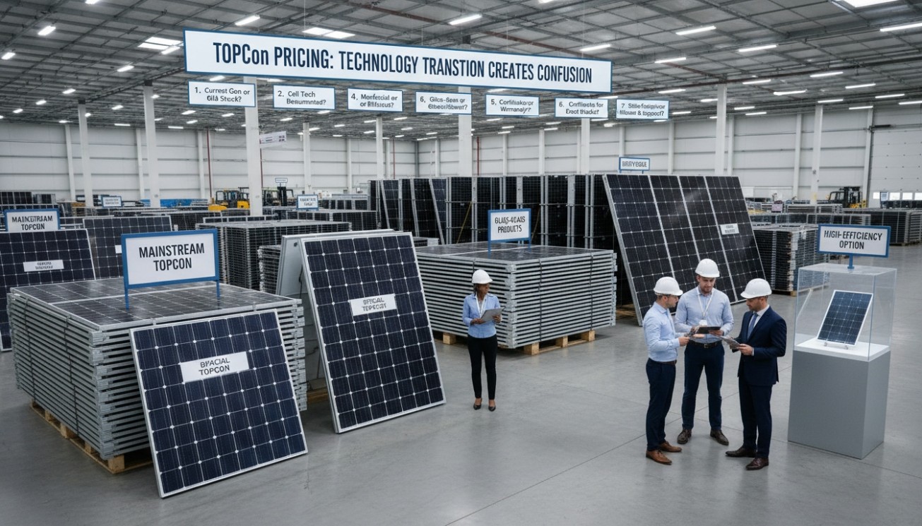 TOPCon module price comparison during technology transition showing mainstream TOPCon bifacial TOPCon glass-glass products and high-efficiency options